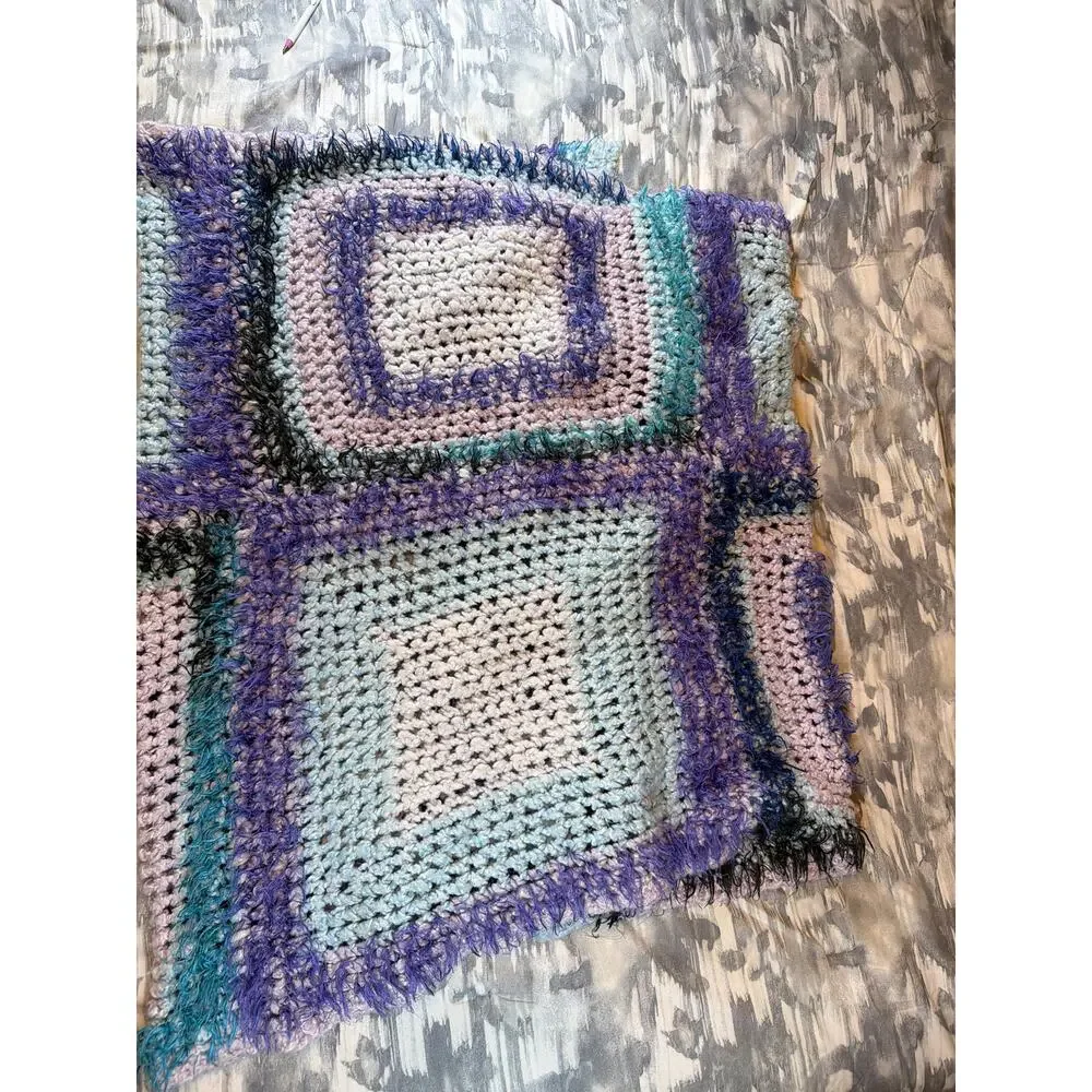 Granny Square Afghan 6’ 6” x 3’ Pastel Crochet Soft Blanket Throw Fun Fur Gift